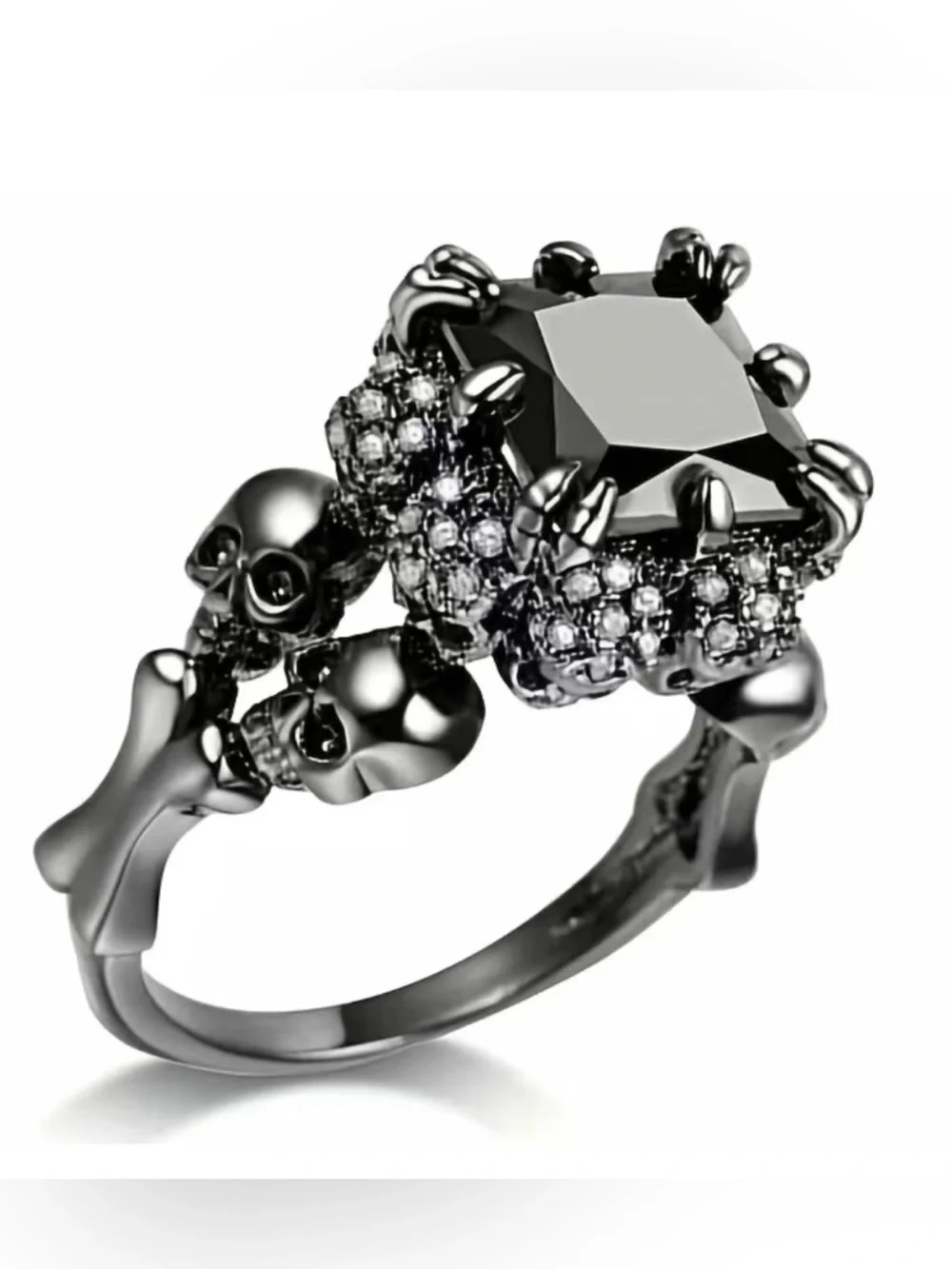 Gothic Skull Black Stone Ring Size 7 Halloween Statement Jewelry